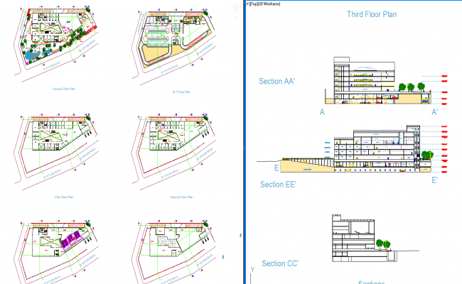 Modern Commercial Complex AutoCAD Design with Floor Plans and Sections