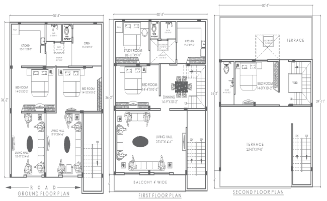 36.2ft×30.5ft 3 Floor House Plan with Terrace in DWG Design
