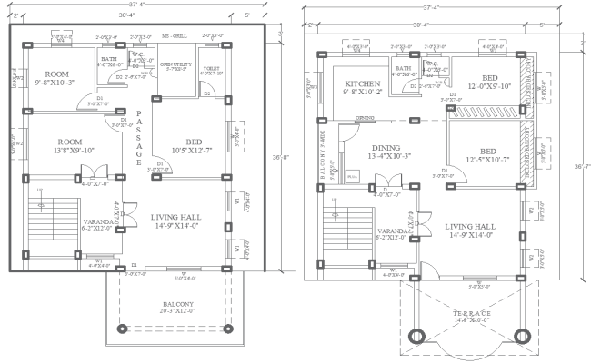 37.4ftx36.8ft 3BHK 2 Different House Layout Designs DWG File