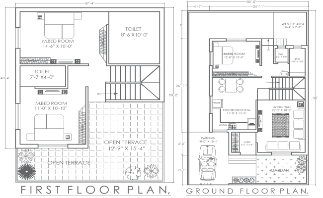37.4ft x 40.4ft Ground & First Floor 3BHK House Plan with Parking – AutoCAD DWG File