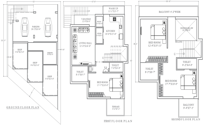 37.9ftx55ft Three Floor House and Shop Plan Design DWG File
