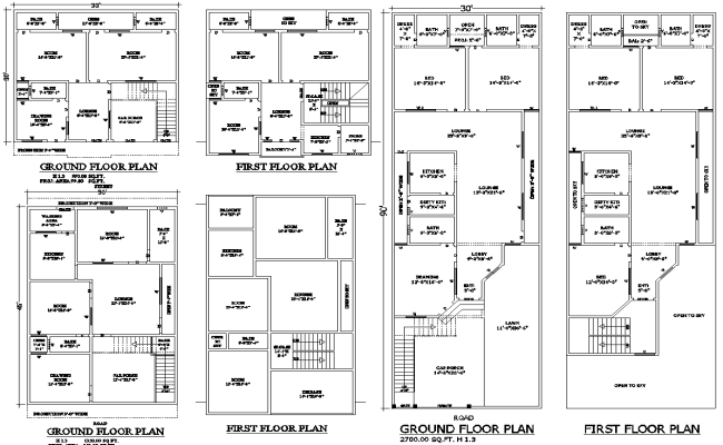 3 BHK House Plan 30ft to 90ft 2D Design AutoCAD Blocks DWG