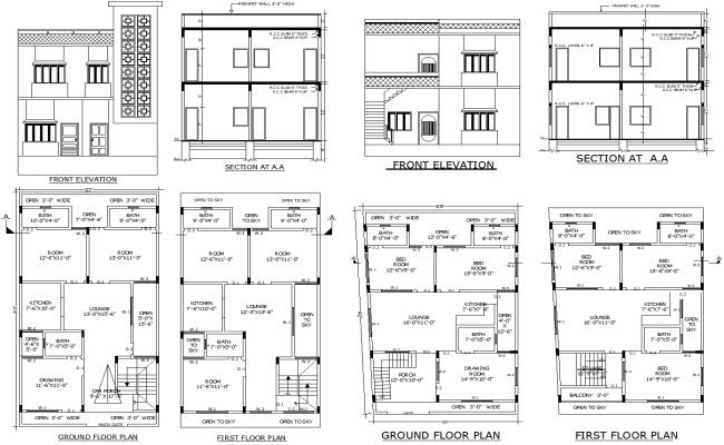3BHK Ground and First Floor House Plan in DWG Format