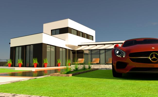 3D Modern Home Design with Mercedes Car in Landscape details