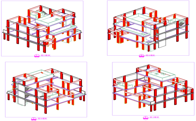 3D Two-Story House with 4 Side Views DWG | CadBull