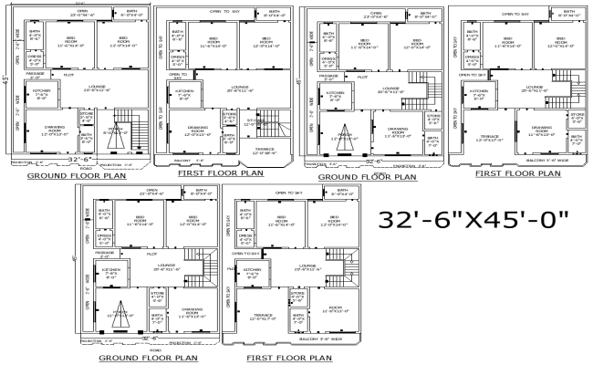 Three Two-Story 32×45 House Floor Plans in DWG File
