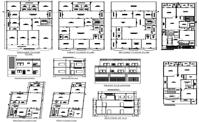 3-story residential building plan with shop in DWG file