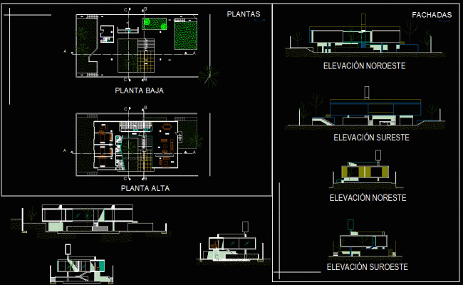 Modern House Plan Elevation and Section DWG CAD Drawing File