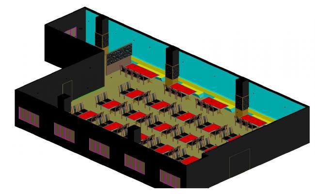 3D Restaurant with Dining Room and Interior Layout in DWG File