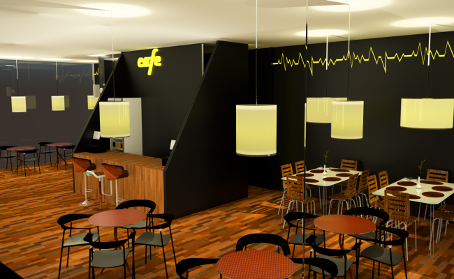 3D Canteen Design with V-Ray Rendering and Glass Reflection.