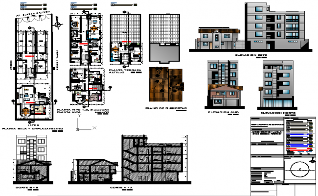 Apartment Building AutoCAD DWG Plan with Elevation and Section Details