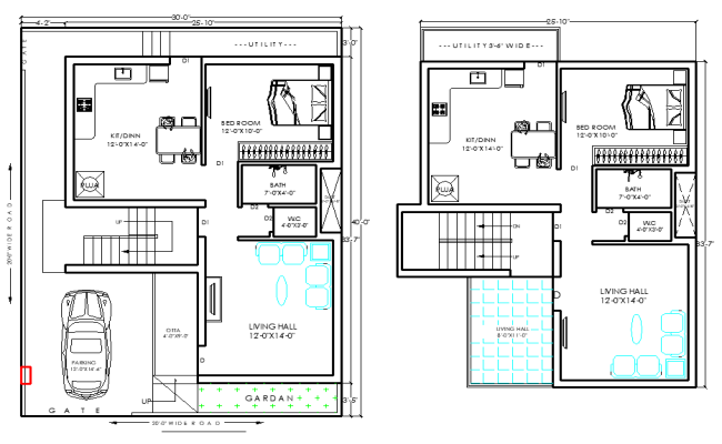 40x30 Modern Home Plan with Garden and Car Parking AutoCAD File