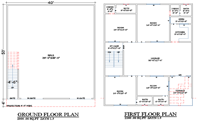 40x54 Residential House Plan with Hall in CAD Drawing File