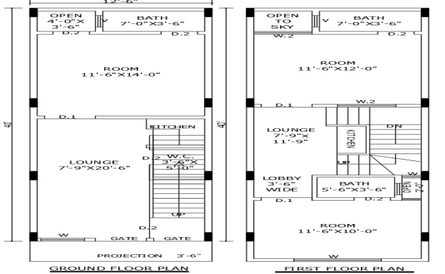 40ft×12.6ft 3BHK Two Floor House Design in DWG Format
