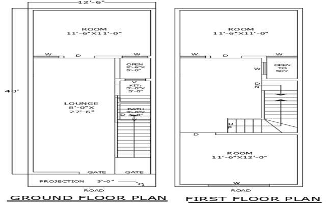 40ft×12.6ft 3BHK House Plan DWG Design with Two Floors