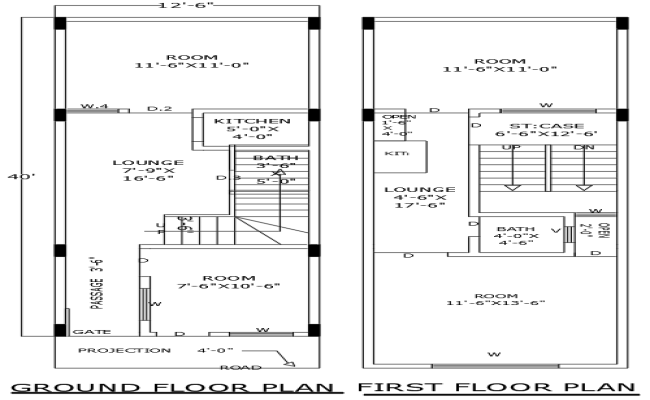 DWG House Plan for 40ftx12.6ft with Ground First Floor
