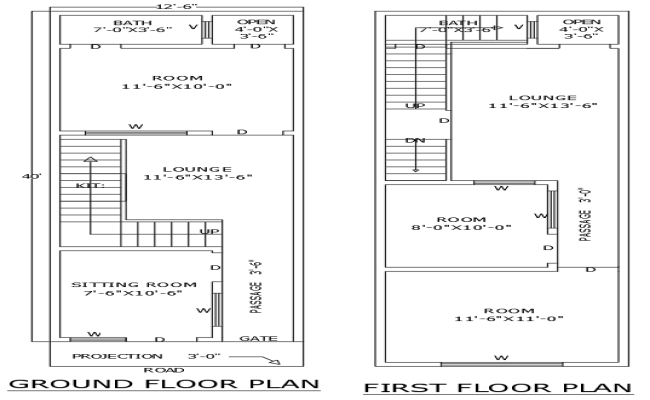 DWG Plan of 40ftx12.6ft Ground and First Floor House