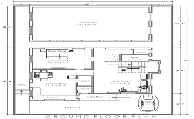 AutoCAD Floor Layout 40ftx66ft 1BHK House and Godown