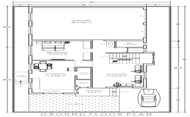 DWG Floor Layout 40ftx66ft House with Godown Design