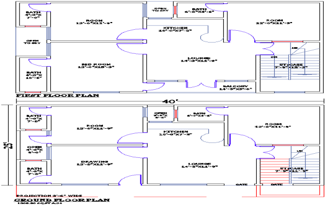 Two-Story 40x25 Duplex House Plan DWG File with Lounge