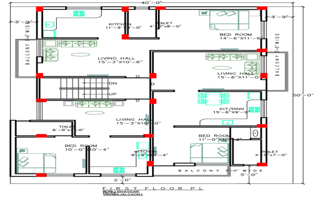 40x50 Feet House Plan DWG with Architects For CAD Blocks