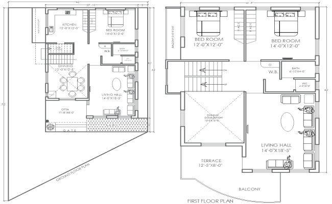 42ftx45ft 3BHK AutoCAD House Plan with Floor Layouts
