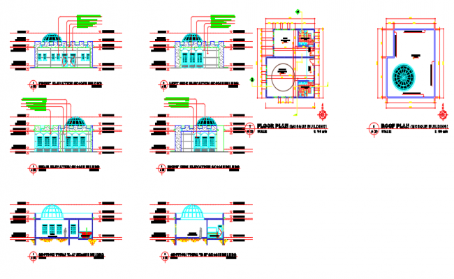 Small masjid AutoCAD drawing with detailed plan and elevation views