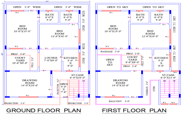AutoCAD house plan 43x27 feet with four bed four bath