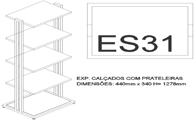 440X340 MM Footwear stand with shelves dimensions DWG AutoCAD drawing