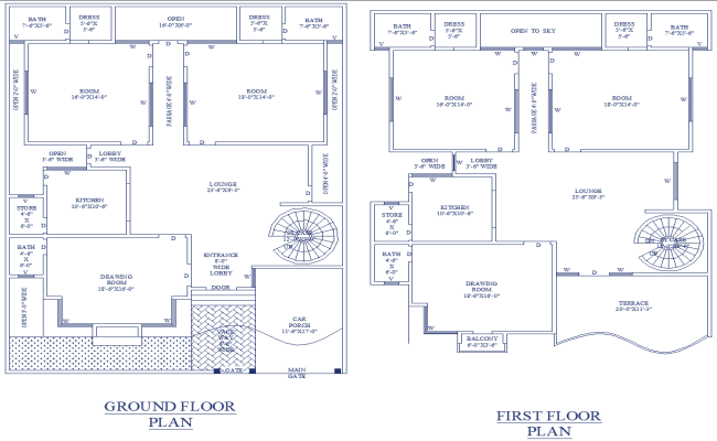 Two Storey 45x40 ft House Floor Plan in CAD Drawing File