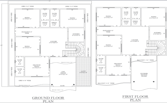 45x60 Two-Story Residential House Floor Plan in DWG File