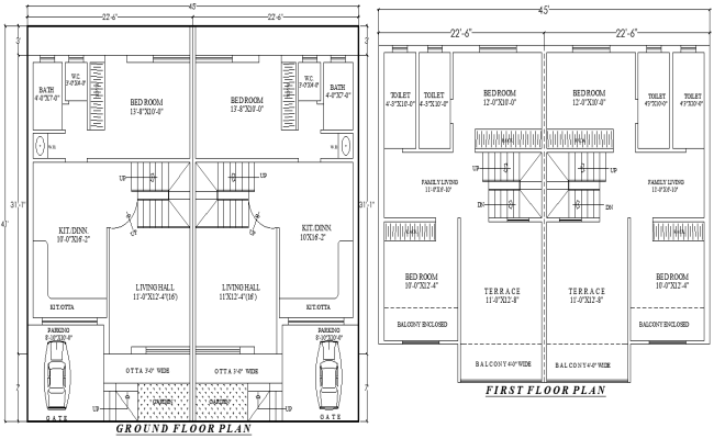 45x41Feet 6BHK Ground and First Floor House Plan DWG File