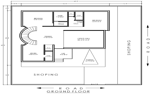 45ftx44ft Ground Floor House Plan DWG Layout Design