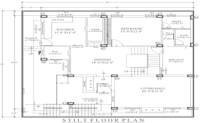 1BHK Stilt Floor Home Plan 45x45ft Layout in AutoCAD File