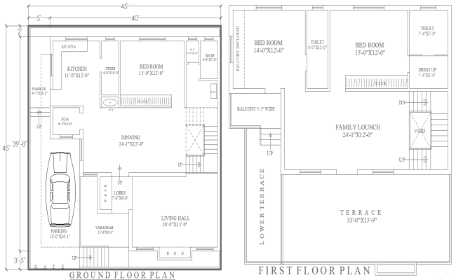 45ftx45ft 3BHK Ground and First Floor House Plan DWG File