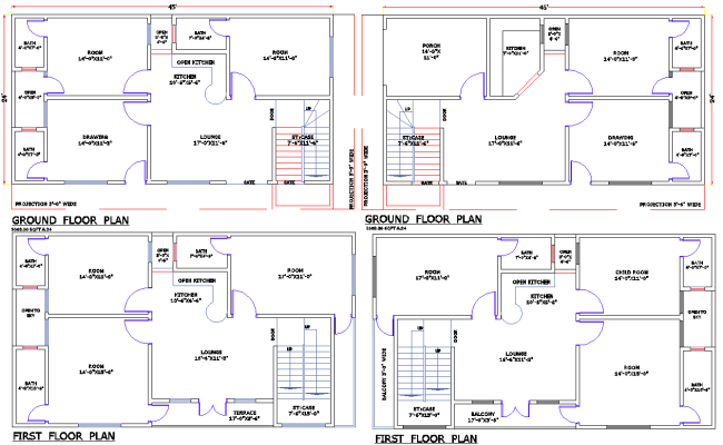 45x24 Duplex House Plan DWG File with Terrace and Balcony