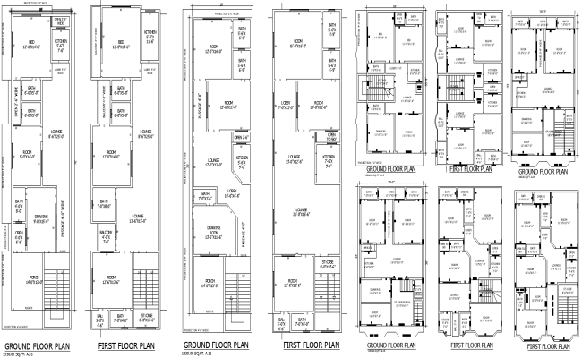 DWG 45’x32’8” 1BHK house plan with two-floor layout
