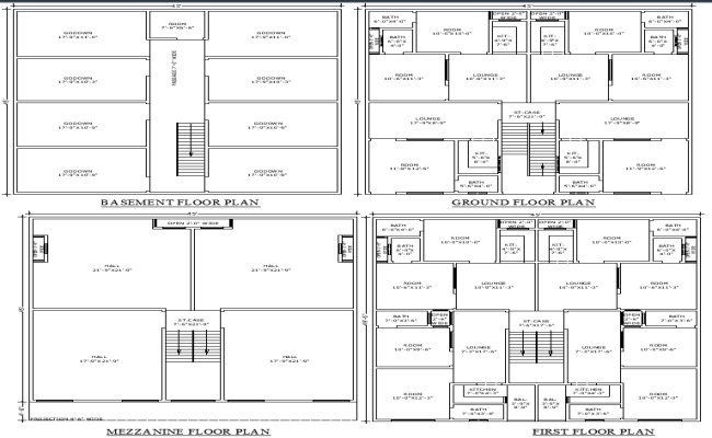 45x49 Multi-Floor Commercial Residential Plan in DWG File