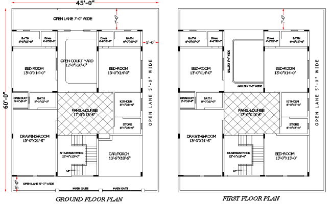 Modern 45×60 Bungalow CAD Drawing File with Courtyard