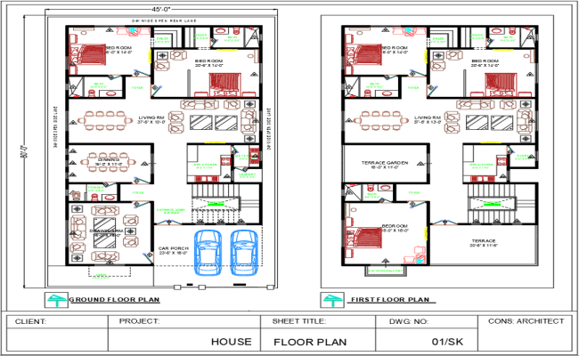 45x80 Bungalow Architecture Floor Plan in AutoCAD DWG File