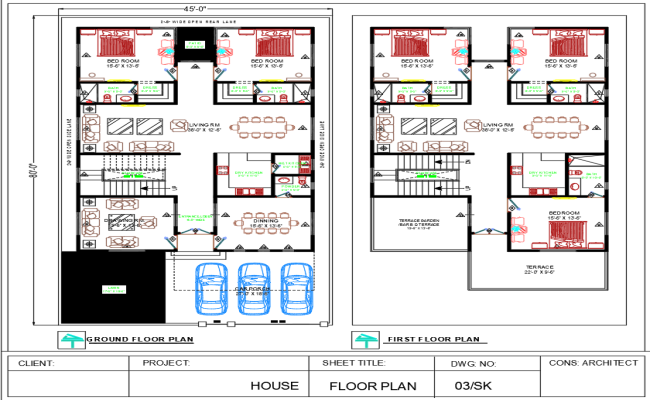 45x80 House Architecture Plan AutoCAD DWG File for Study