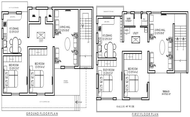 46ft×28.9ft Double Story House Floor Plan in DWG File