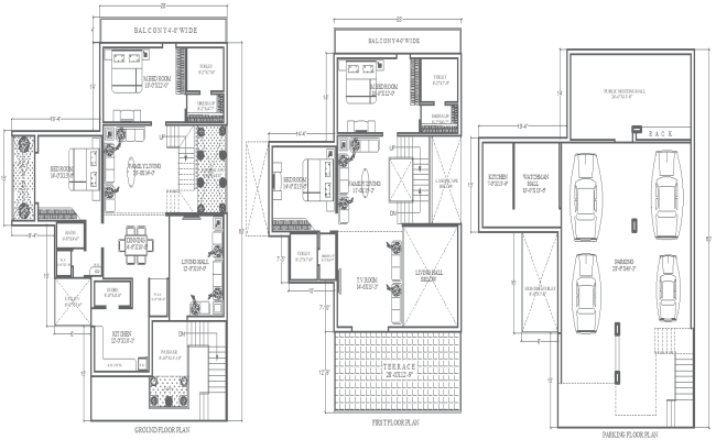47.4ftx60ft 4BHK House with Parking in DWG Floor Plan