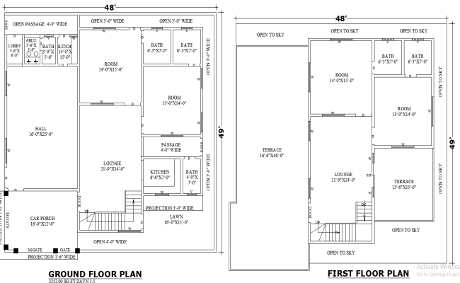 48x49 Modern Two Story House Plan in AutoCAD CAD File