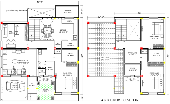 Elegant 4 BHK house plan for terrace and parking in DWG File
