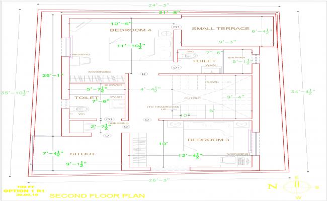 4BHK Second Floor Plan Drawing DWG File