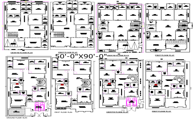 4 Residential 50x90House Floor Plans in AutoCAD File