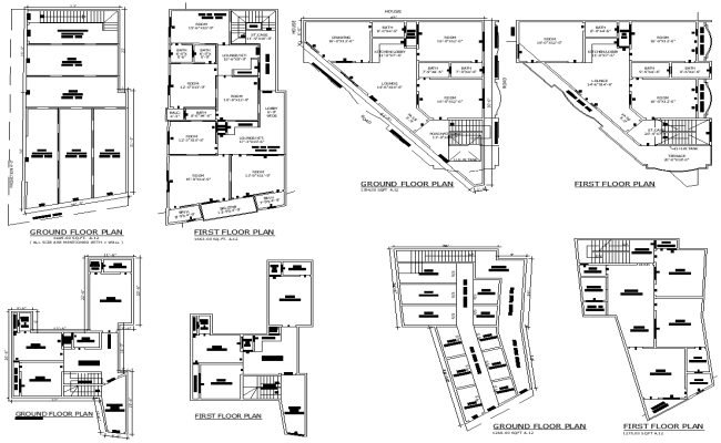4 Types of Houses with Shop and Parking Plans Design AutoCAD DWG File