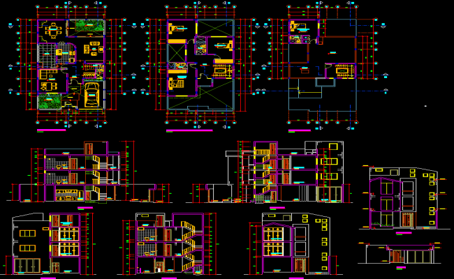 Modern 4 BHK Bungalow CAD Drawing with Floor Plans and Sections