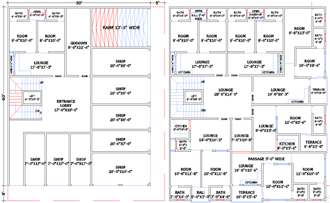 50x60 Commercial Residential Building plan in CAD DWG File